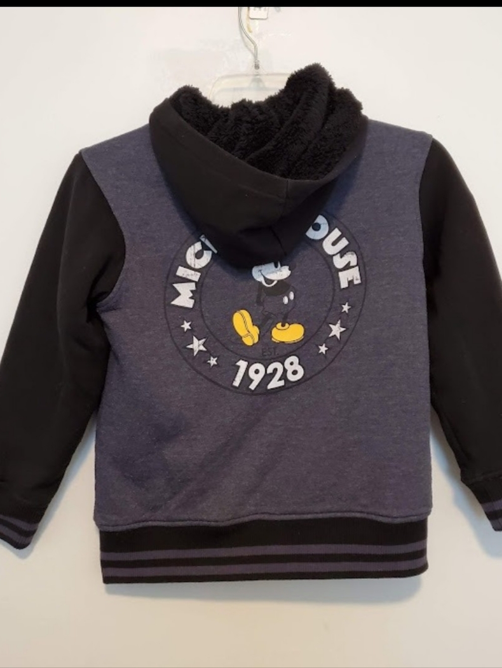 Disney Mickey Mouse 1928 Boys Blue Varsity Jacket Full Zip Fleece Sherpa Hoodie